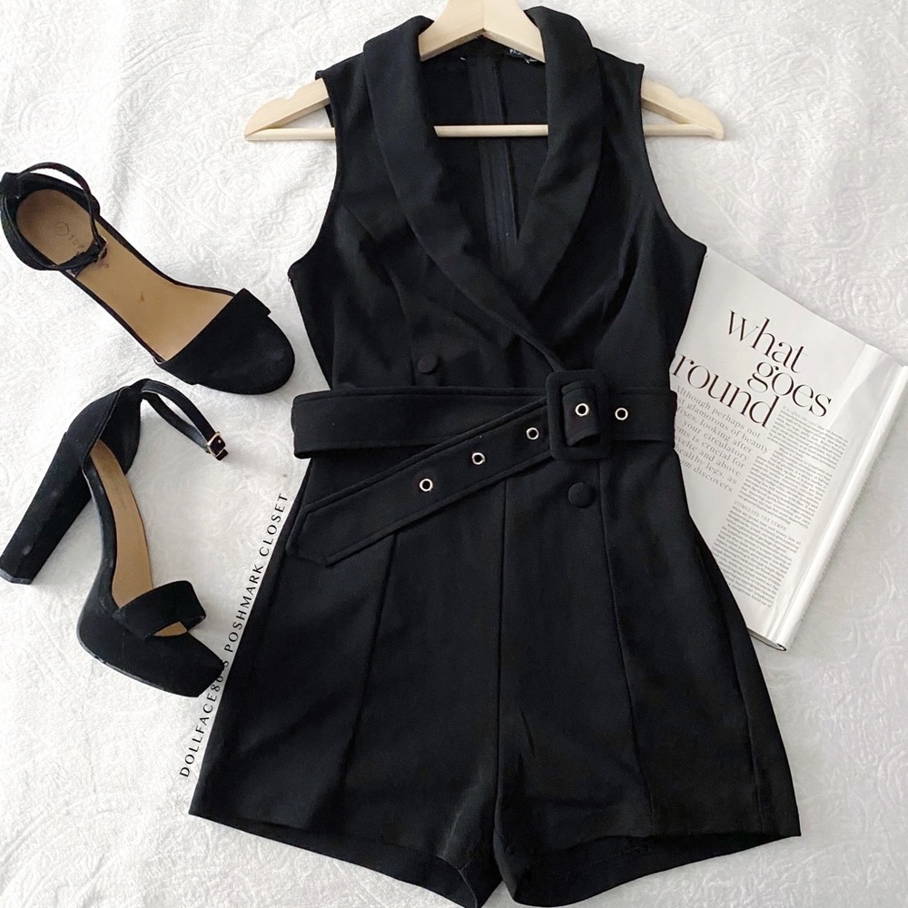 Fashion Nova Black Double Breasted Romper W/Belt